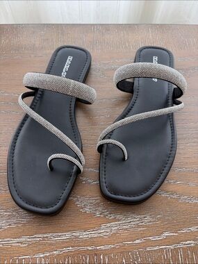 Crystal Strappy Flat Sandals - Silver